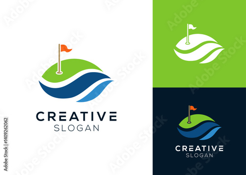 Golf field with green area and lake abstract logo design