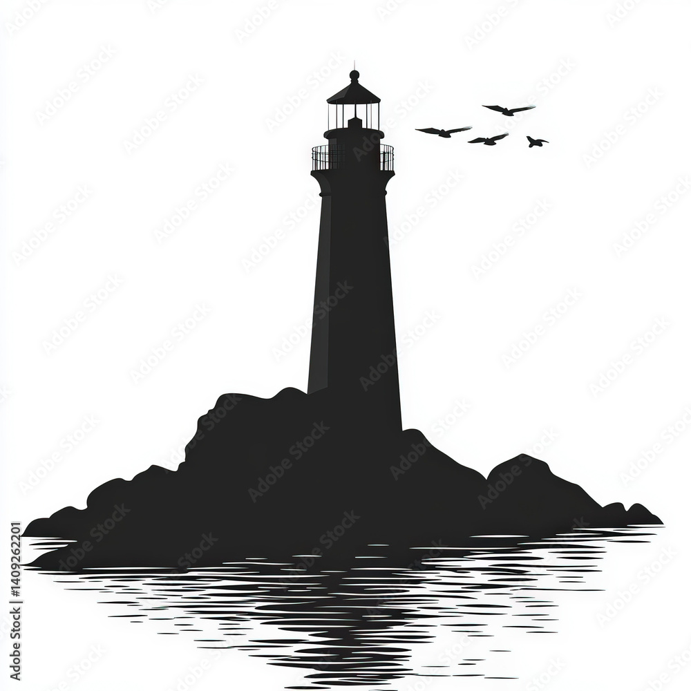 lighthouse silhouette , black and white illustration isolated on white background