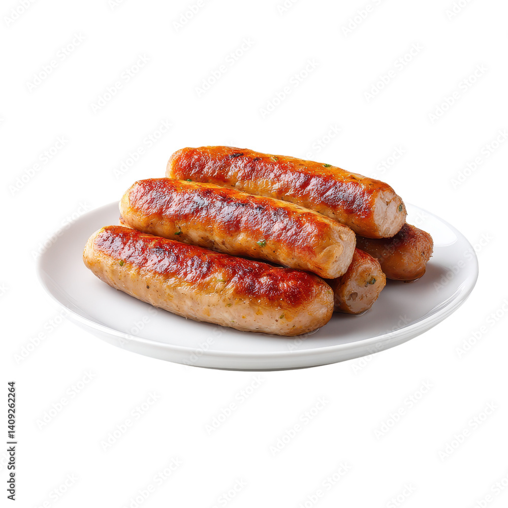Grilled sausages on a white plate. Delicious cooked meat for lunch or dinner. Grilled sausages on a white plate. Delicious cooked meat for lunch or dinner.