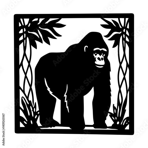 A Black and White Illustration of a Gorilla in the Jungle Setting