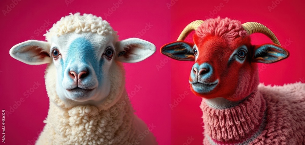 A sheep with a blue face against a pink background, and another sheep with a red and blue background, fluffy, asset A sheep with a blue face against a pink background, and another sheep with a red and blue background, fluffy, asset