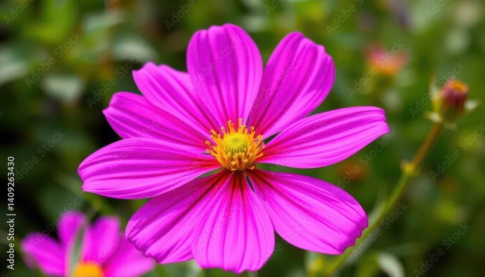 A single, vibrant pink cosmos flower in full bloom, petals unfurled, stem, leaf A single, vibrant pink cosmos flower in full bloom, petals unfurled, stem, leaf