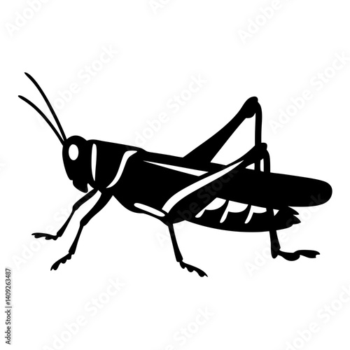 Monochrome graphic illustration of a grasshopper against a white background, detailed design