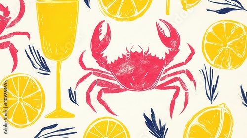 Colorful crab and citrus pattern for summer dining and decor