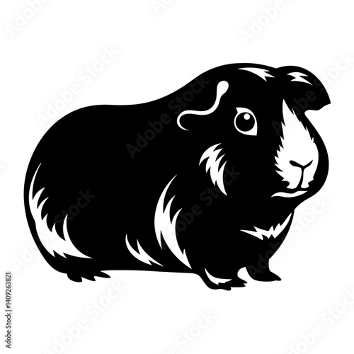 A monochrome silhouette illustration of a cute and fluffy guinea pig