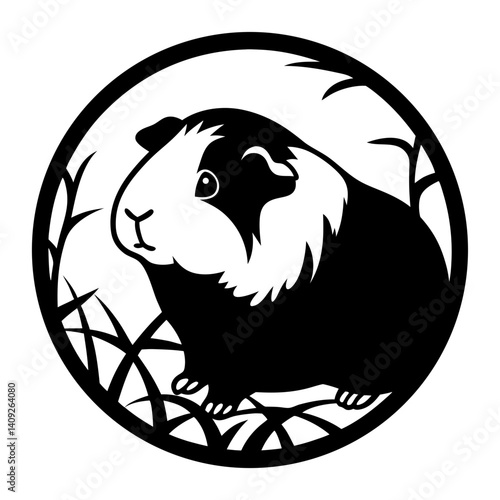 Monochrome illustration of a cute Guinea Pig surrounded by plant silhouettes