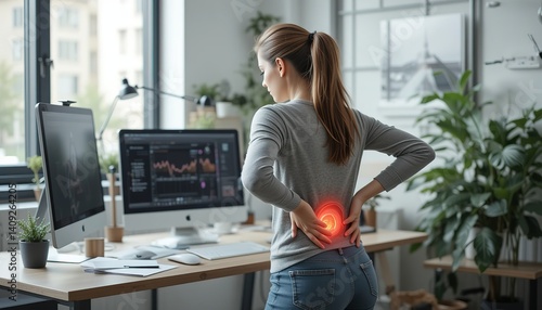 Woman with Back Pain at Desk – Red Light Highlighting Spine Discomfort in Home Office