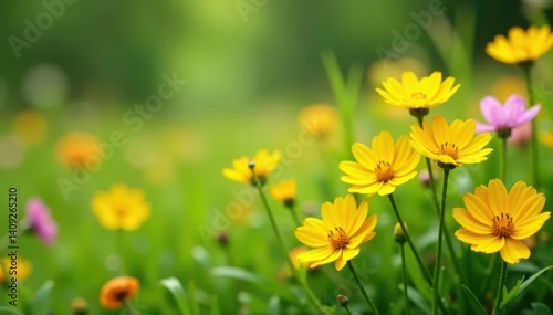 Soft petals of yellow wildflowers sway gently in the breeze amidst lush green grass and vibrant colorful blooms , Flowers, Wildflowers