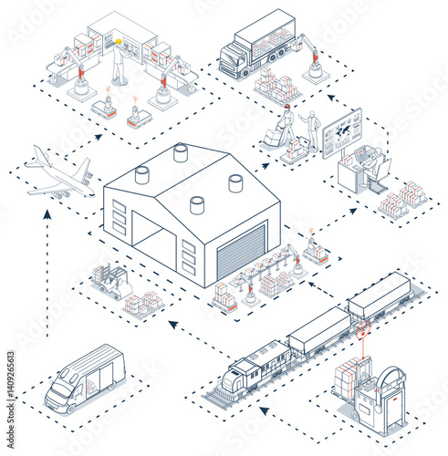 Global logistics network. 3D isometric scenes showing export-import operations via air, road, rail, and cargo services.