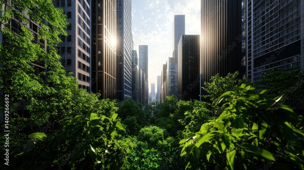 Fototapeta premium Urban oasis, city park, sunlight, skyscrapers, green foliage