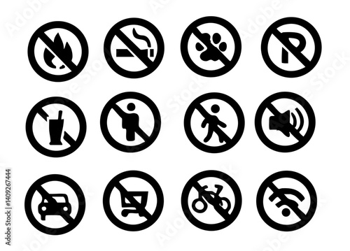 stop bannerA collection of prohibition signs indicating various restrictions such as no smoking, no drinks, no noise, and no entry for vehicles.