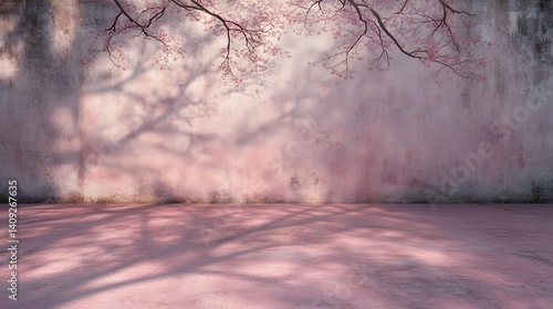 Pink Wall Background with Blossom Tree Shadow