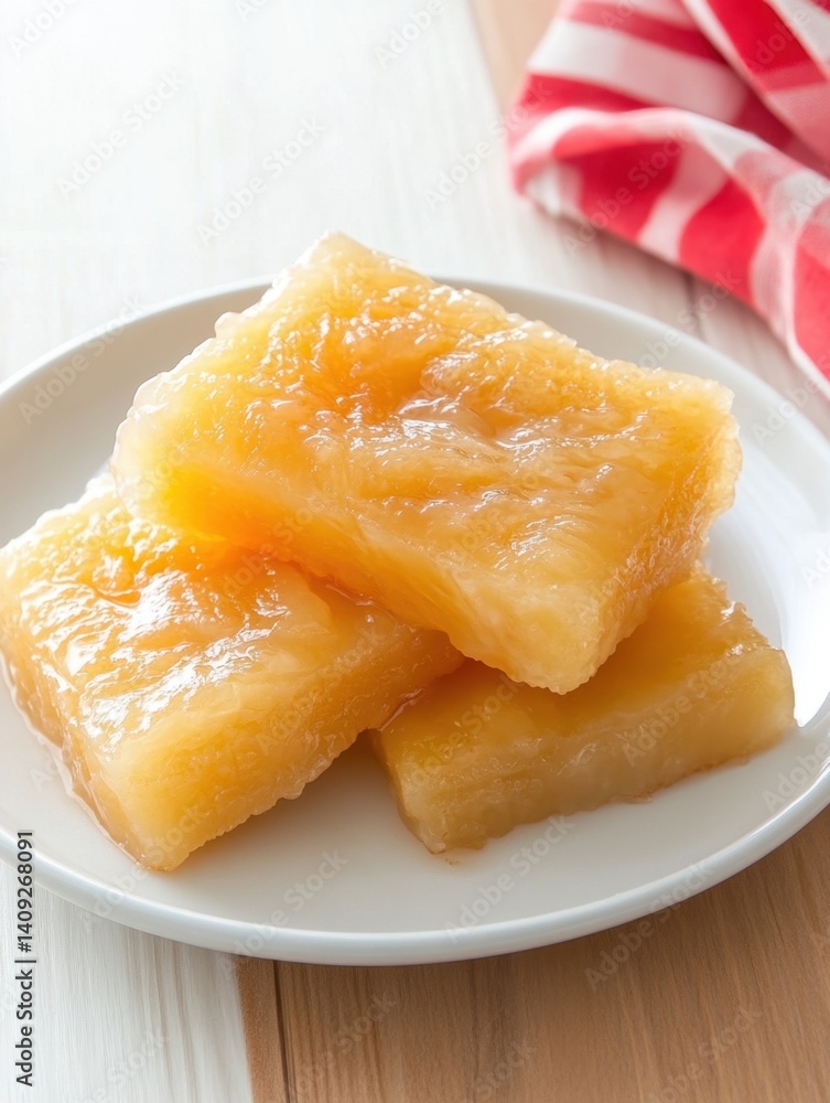 Delicious cassava cake on a white plate with a red and white checkered napkin on a wooden table Delicious cassava cake on a white plate with a red and white checkered napkin on a wooden table