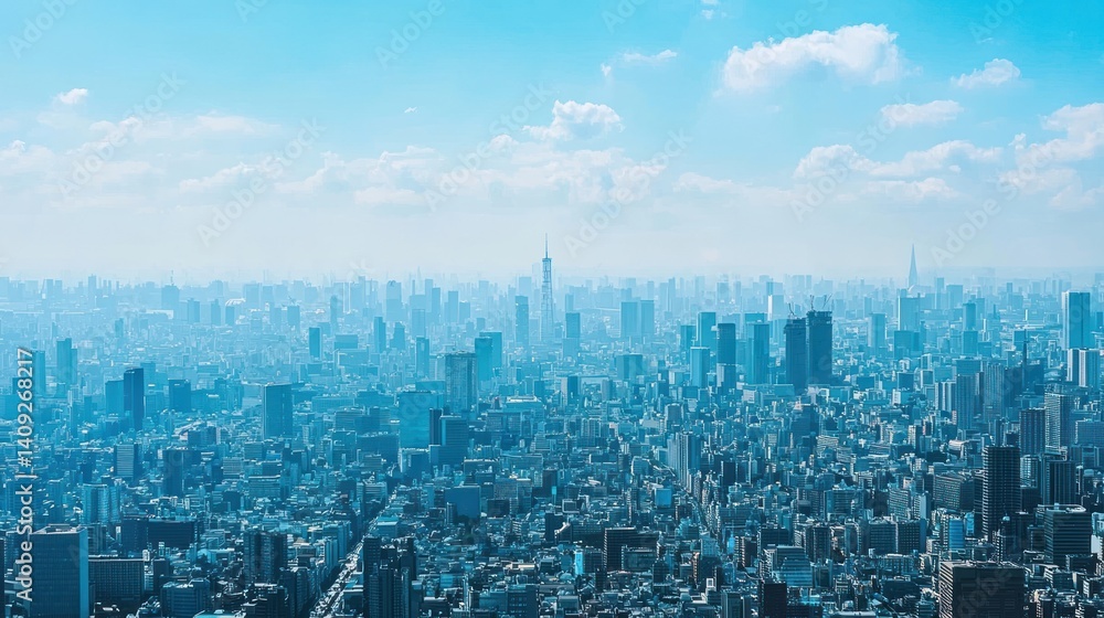 Tokyo Skyline Panoramic View, Cityscape, Sunny Day, Haze in Background Tokyo Skyline Panoramic View, Cityscape, Sunny Day, Haze in Background