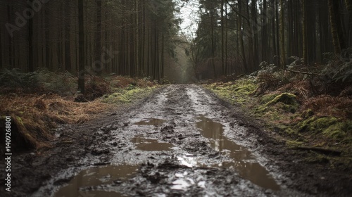 Fototapeta Naklejka Na Ścianę i Meble -  Windy forest pathway lined with vibrant moss and muddy puddles on a misty autumn morning