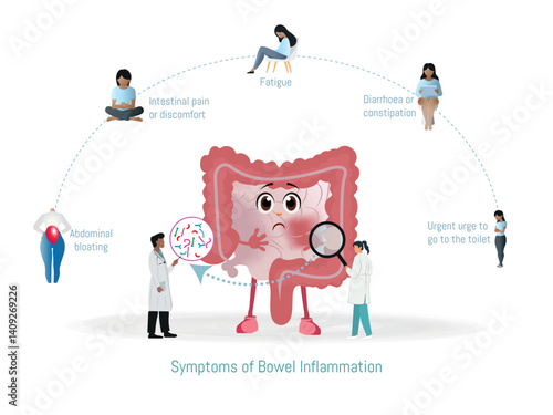 Doctors examining inflamed bowel and showing symptoms of bowel inflammation