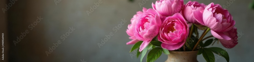 A cluster of pink peonies in a rustic ceramic vase , interior, botanical A cluster of pink peonies in a rustic ceramic vase , interior, botanical