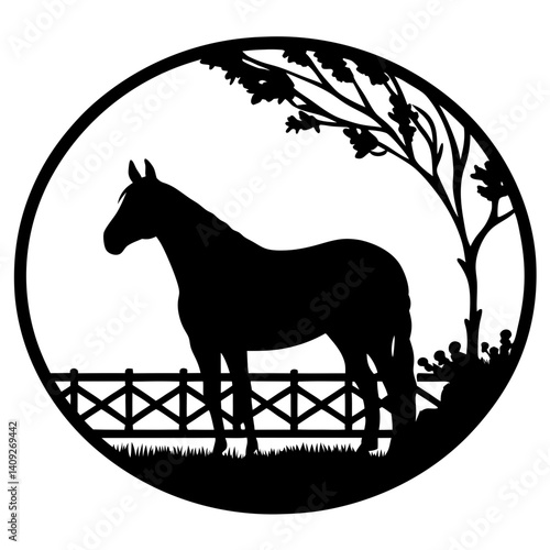 Silhouette of a horse with a tree and fence in a circle