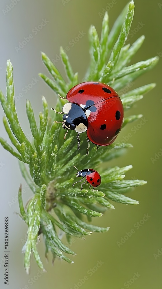 Obraz premium Two Ladybugs on Green Plant Detailed Macro Shot