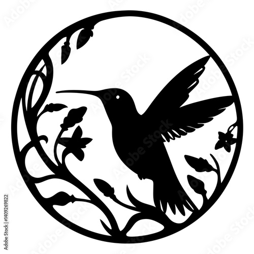 Hummingbird among delicate flowers with circular frame in silhouette illustration art