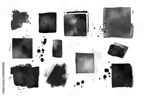 Abstract watercolor art elements.  A collection of various ink and paint splatter effects, square shapes, and textures