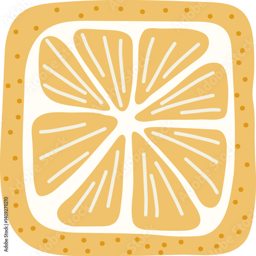Artistic hand drawn illustration of square lemon. Vector drawing of citrus fruit slice with raw juicy pulp isolated on white background. Drawing of summer vitamin dessert for your printing.