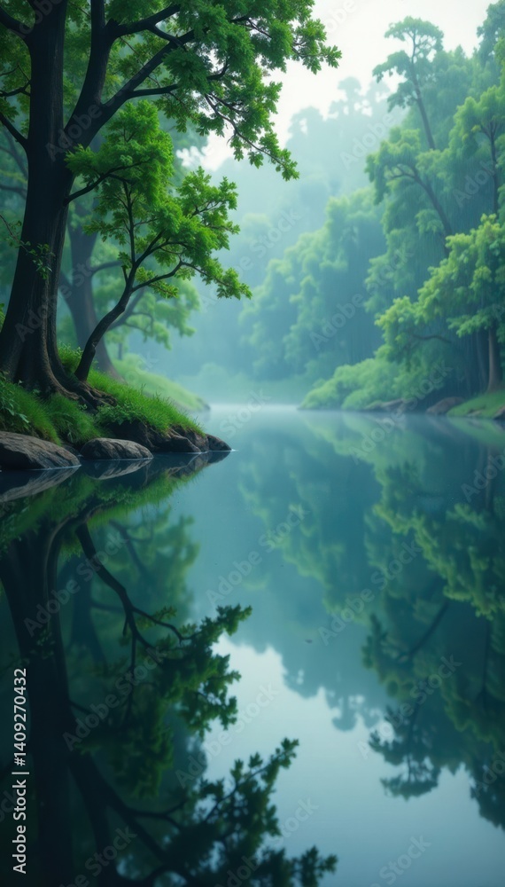 Obraz premium Softly falling rain on a serene lake, gentle, rainy day