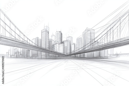Modern city skyline sketch with high-rises and bridges in minimal black and grey pencil style