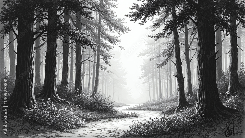 Obraz premium Black and White Forest Scene with Path