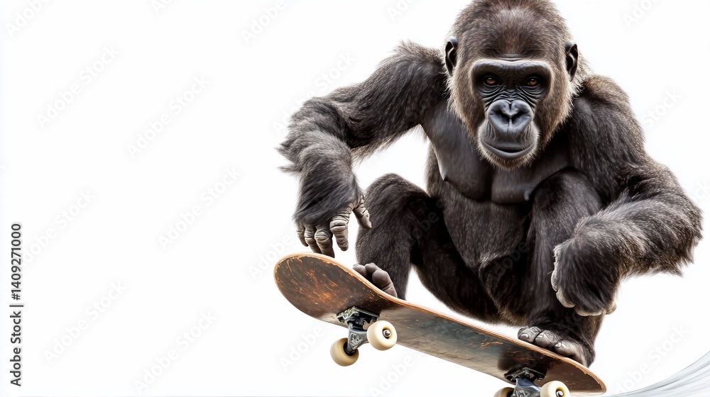 Gorilla skateboarding, mid-air Gorilla skateboarding, mid-air