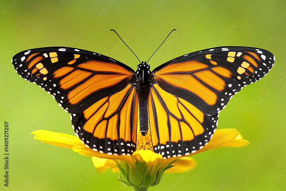 Obraz premium Macro image of monarch butterfly on a yellow flower in a garden with vivid details and soft green blur