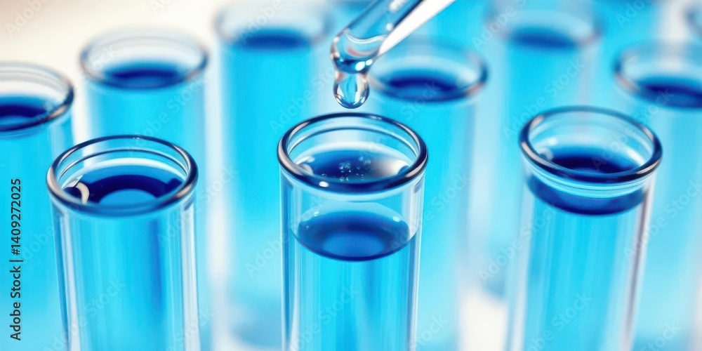Close-up of test tubes filled with blue liquid; a single drop is added via pipette, chemistry, innovation Close-up of test tubes filled with blue liquid; a single drop is added via pipette, chemistry, innovation