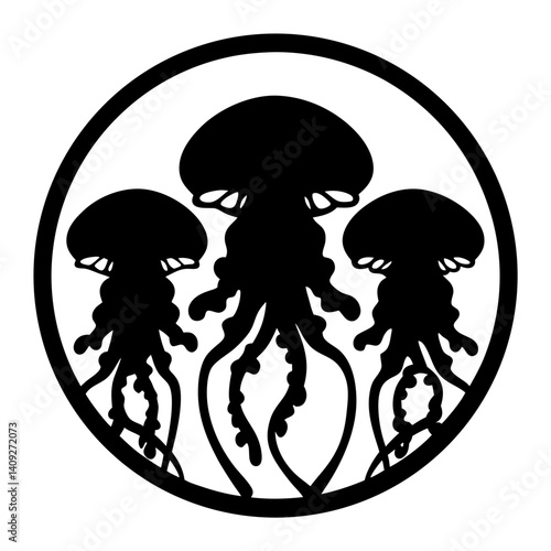 Silhouette of three jellyfish in a circular design, aquatic life concept