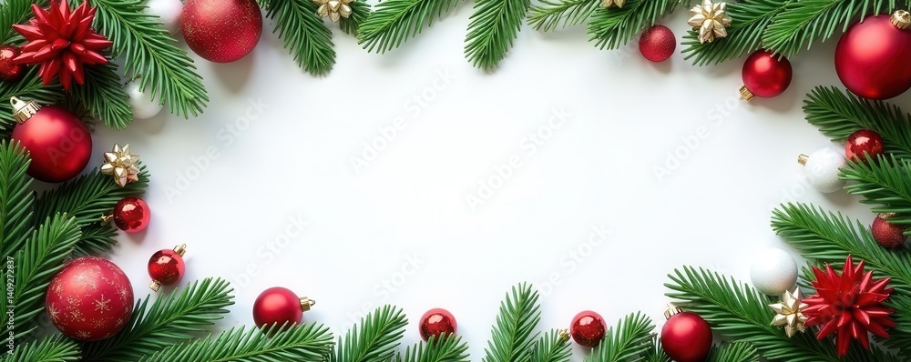 Red, green, white Christmas ornaments & branches border Festive holiday frame , classic, happy holidays, sparkle Red, green, white Christmas ornaments & branches border Festive holiday frame , classic, happy holidays, sparkle