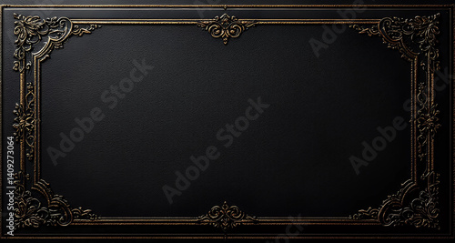 Luxurious black leather texture with finely detailed golden ornamental border. The composition exudes elegance and sophistication, ideal for premium branding, menus, or upscale invitations.