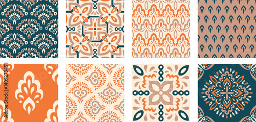 Collection of Moroccan style seamless pattern. Creative mediterranean interior design. Ethnic ornament swatch set. Azulejos tiles vector illustration. Modern Spanish talavera.