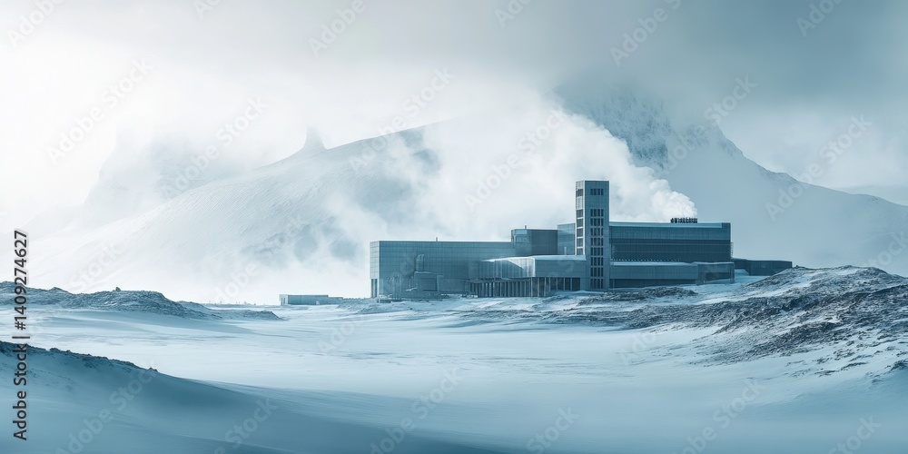 Fototapeta premium Serene Architectural Haven: A solitary modern building stands as a testament to human ingenuity against the backdrop of a majestic mountain range, enveloped by mist in a desolate expanse.
