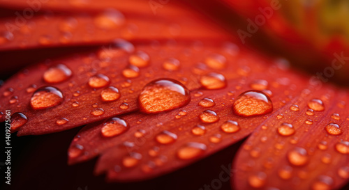 Close up of red flower petal with water droplets, showcasing natural beauty.