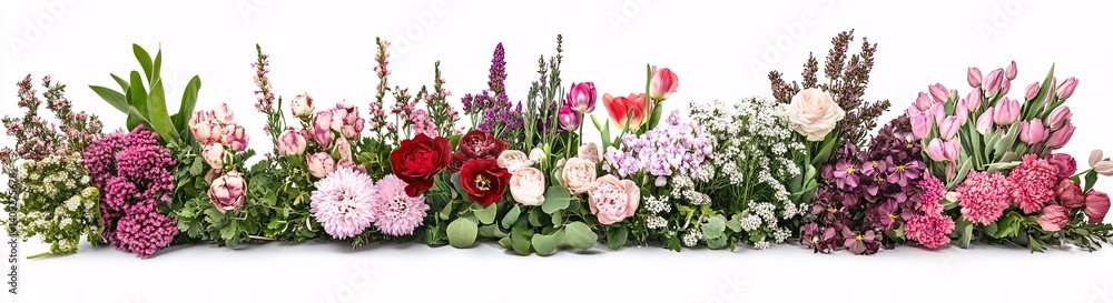 Collection of various flowers in different colors and types arranged in aesthetic minimalist style on a white background Collection of various flowers in different colors and types arranged in aesthetic minimalist style on a white background