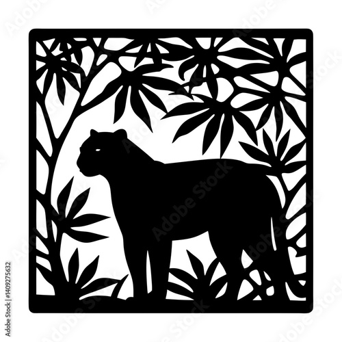 A majestic black panther silhouette amidst lush tropical foliage a stylish nature artwork