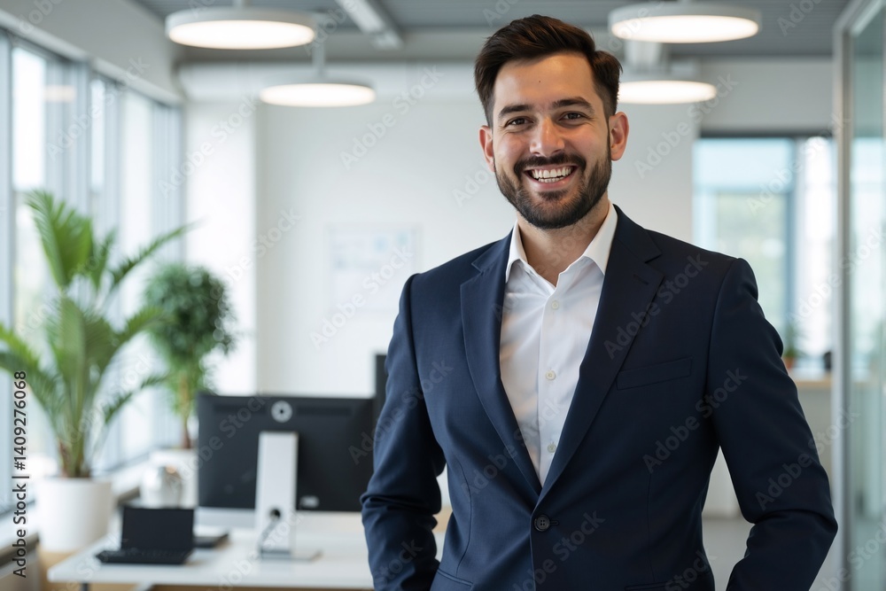 Confident businessman with dark hair and beard in a suit without a tie, smiling warmly at the camera while standing in a bright, modern open-plan office decorated with green plants Confident businessman with dark hair and beard in a suit without a tie, smiling warmly at the camera while standing in a bright, modern open-plan office decorated with green plants