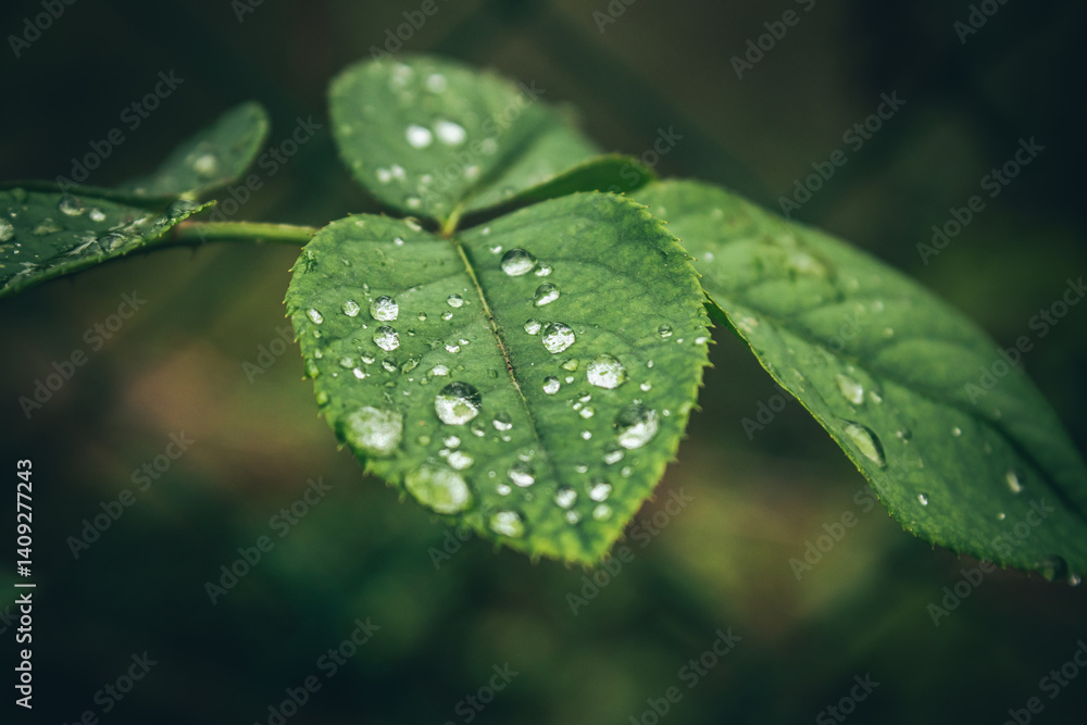 Macro of green leaf with water droplets after rain