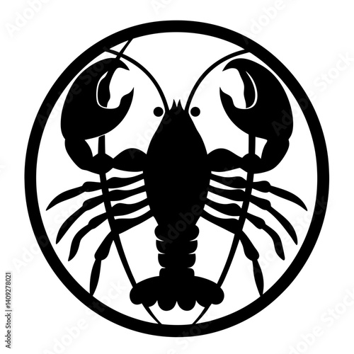 Stylized Black and White Illustration of a Crayfish or Lobster in a Circle
