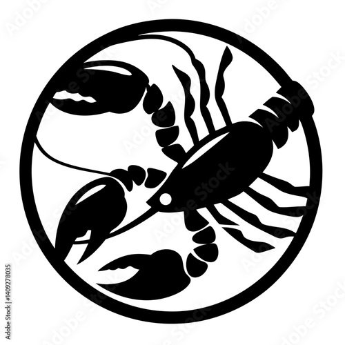 Black and White Stylized Crayfish or Lobster Zodiac Symbol in a Circle