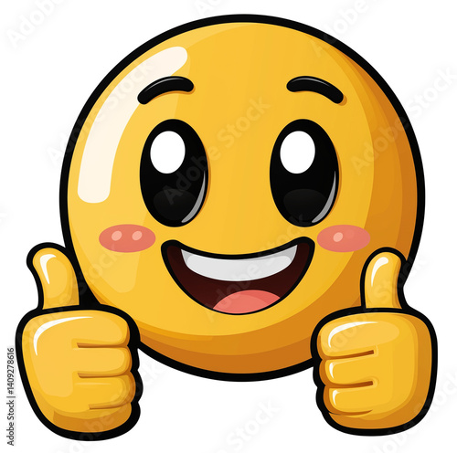 fröhlicher Emoji Smiley freigestellt mit beiden Daumen hoch Geste. Generative Ai