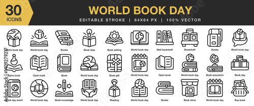 World Book Day icon set. Editable Stroke Icon Collection. Includes book, education, literature, library, world, read, and More. Outline icons vector collection.