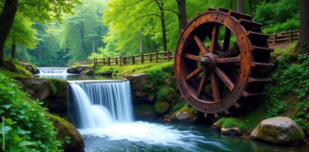 Water wheel turns, waterfall flows, timber mill stands , imagery, wood, idyllic Water wheel turns, waterfall flows, timber mill stands , imagery, wood, idyllic
