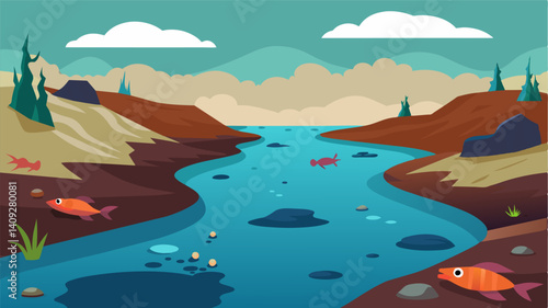 As I look out onto the polluted river I am struck by the lack of movement and life. The water once teaming with fish and other aquatic creatures now appears almost motionless a. Vector illustration