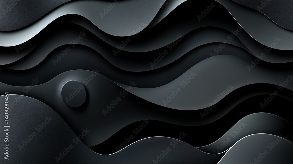 Black abstract background with wavy texture, dark gray gradient wallpaper for phone and computer screens.