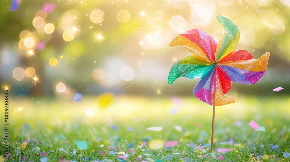 Fototapeta premium celebrating international children's day: a vibrant rainbow pinwheel in a sun-drenched grassy field, adorned with floating confetti and warm bokeh, perfect for joyous and whimsical designs